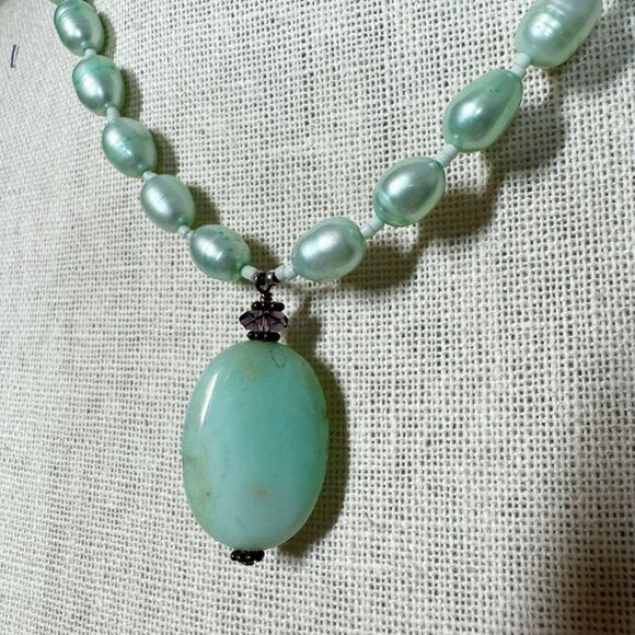 Green Nugget Baroque Pearl Necklace With Amazonite Pendant Sterling Silver 18” - Picture 4 of 15